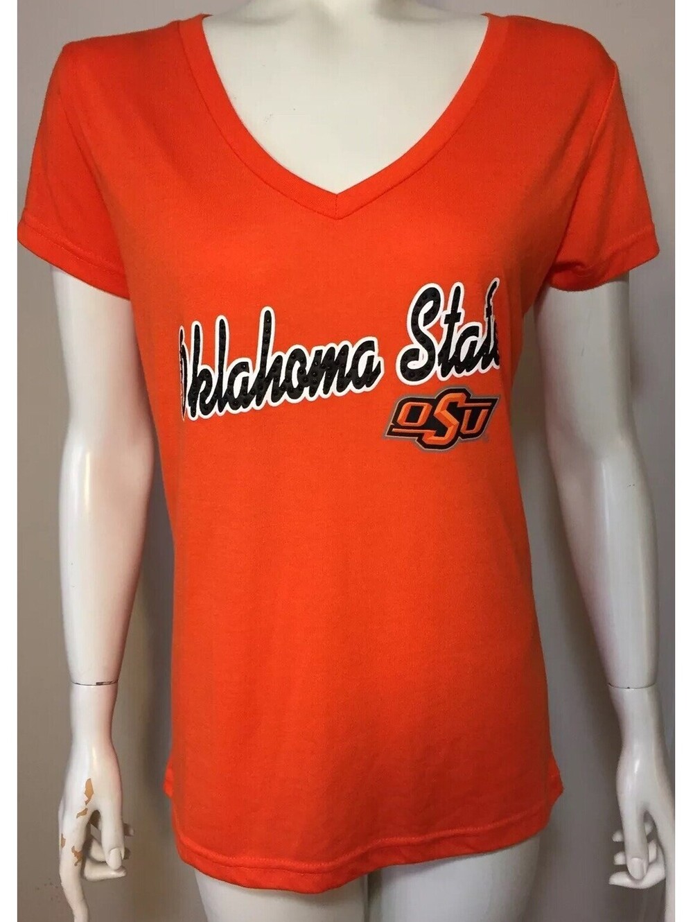 Oklahoma State OSU Womens Juniors Med Orange V Neck Tee Fitted Soft Black Studs